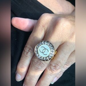 Gold and White Crystal CC Button Ring